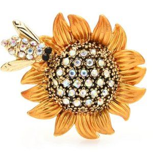 Rhinestone Bee And Sunflower 3-color Enamel Flower Brooch(Gold)